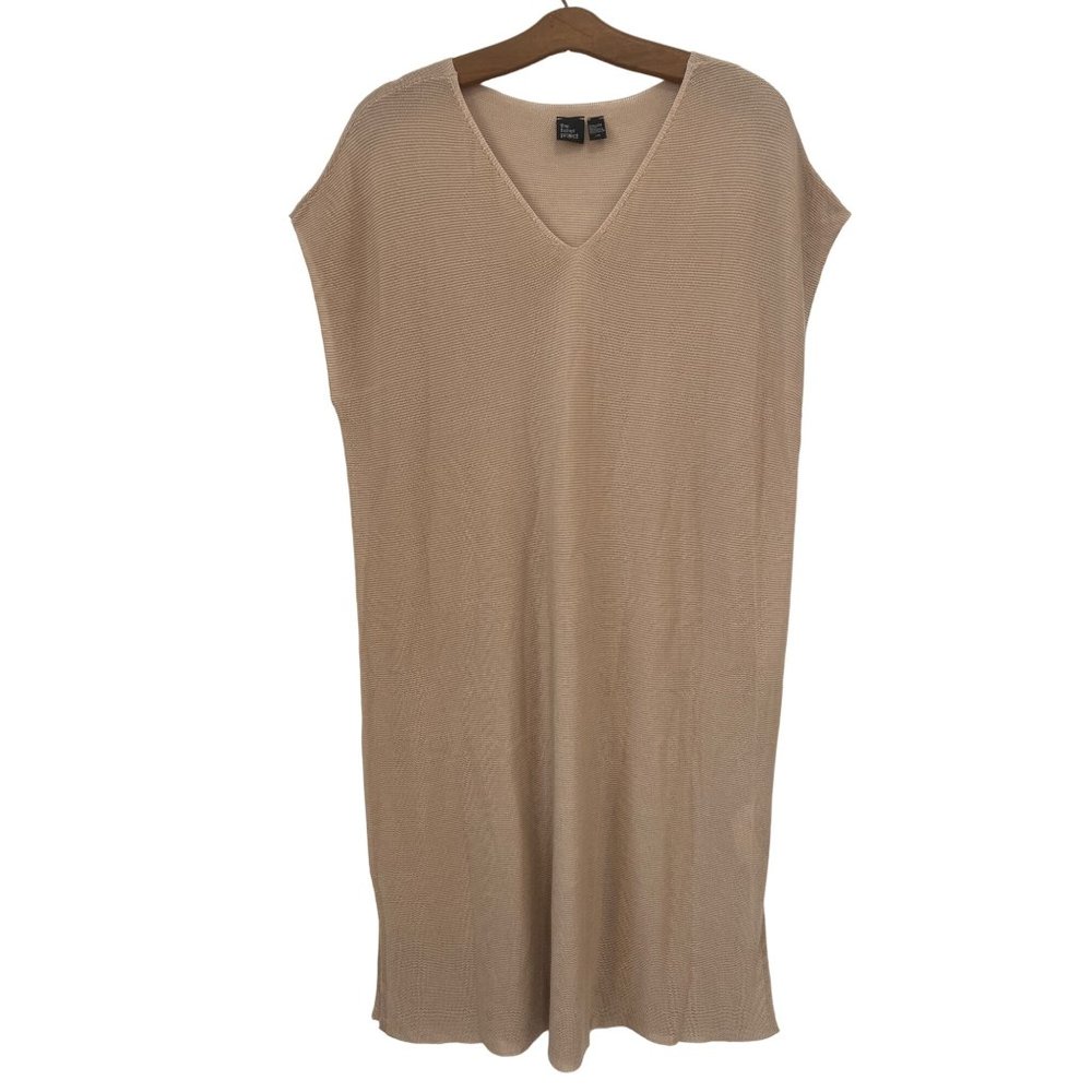 The Fisher Project Knitted Shift Dress Womens L V-Neck Cap Sleeve Tan Tencel